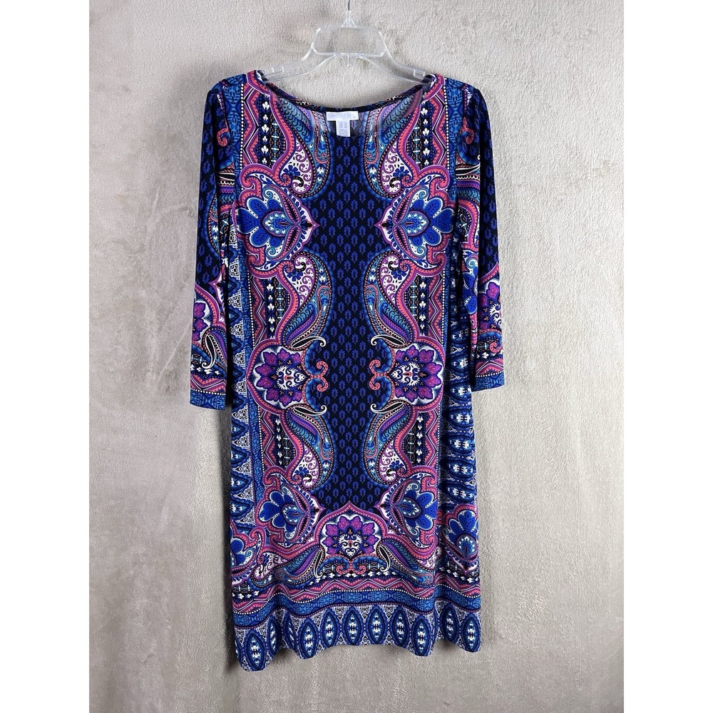 London Times Shift Dress 3/4 Sleeve Blue Pink Moroccan Paisley Women's Size 14